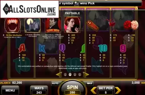 Paytable. Love Bite from Spin Games