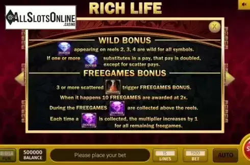 Features screen. Rich Life from InBet Games