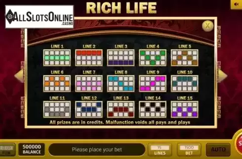 Paylines screen. Rich Life from InBet Games