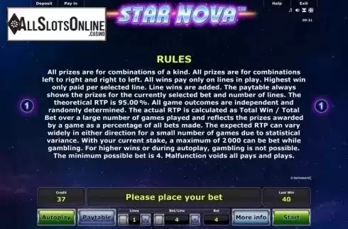 Paytable . Star Nova from Novomatic