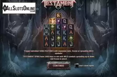 Start Screen. Testament from Play'n Go
