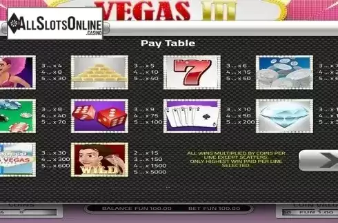 Paytable . Vegas III from Concept Gaming