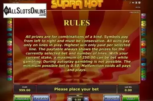 Paytable 2. Supra Hot from Greentube