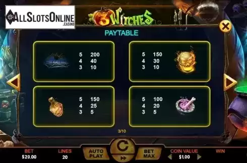 Paytable 3. 3 Witches from The Stars Group