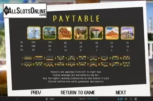 Paytable 1. 7 Wonders from GamePlay