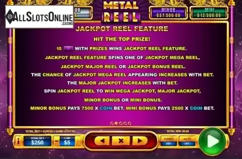 Jackpot feature screen. Metal Reel from Skywind Group