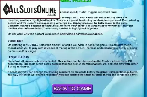 Rules Screen. Bingo Iglu from Caleta Gaming