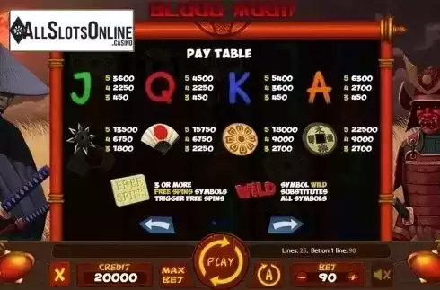 Paytable. Blood Moon (X Card) from X Card
