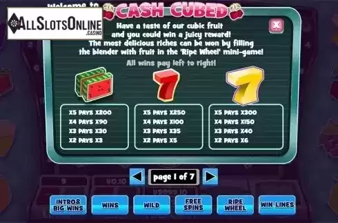 Paytable . Cash Cubed from Slot Factory