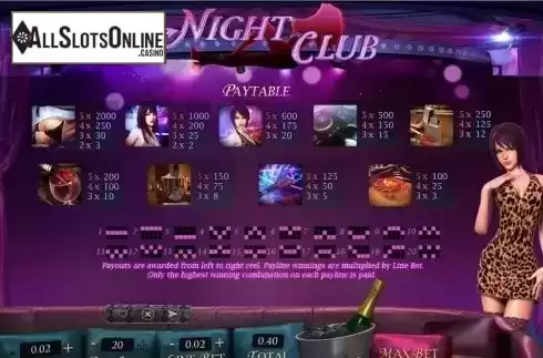 Paytable screen. Club Night from Playtech