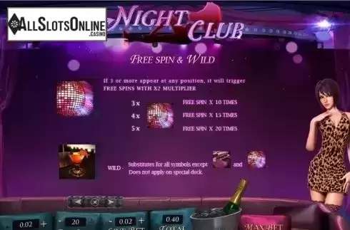 Features Description screen. Club Night from Playtech