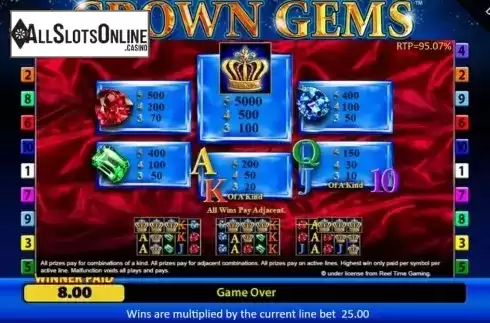 Paytable. Crown Gems from Reel Time Gaming