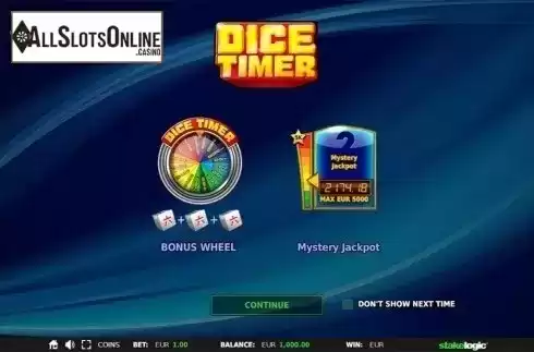 Intro screen. Dice Timer from StakeLogic