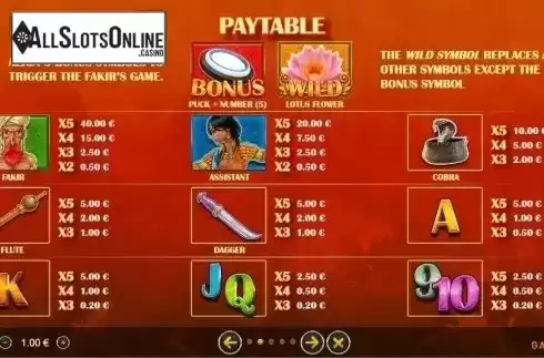Paytable. Fakir Slot from GAMING1
