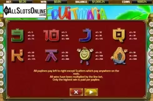 Paytable. Fruitmania from XIN Gaming