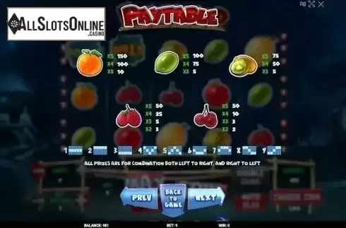 Paytable 2. FruitsLand from Evoplay Entertainment
