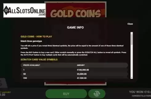 Information screen 1. Gold Coins from Hacksaw Gaming