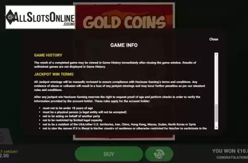 Information screen 4. Gold Coins from Hacksaw Gaming