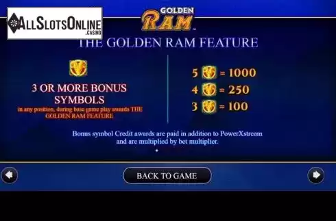 Golden Ram Feature Paytable screen