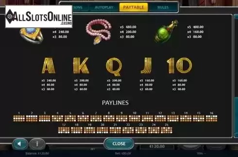 Paylines screen. Grand Luxe from Nucleus Gaming