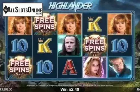 Free Spins screen. Highlander from Microgaming