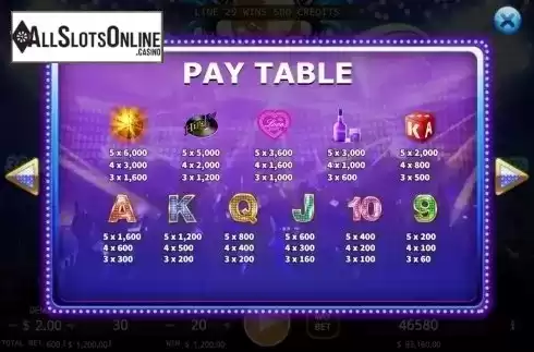 Paytable. Party Girl from KA Gaming