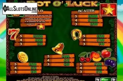 Paytable. Pot o' Luck from Casino Technology