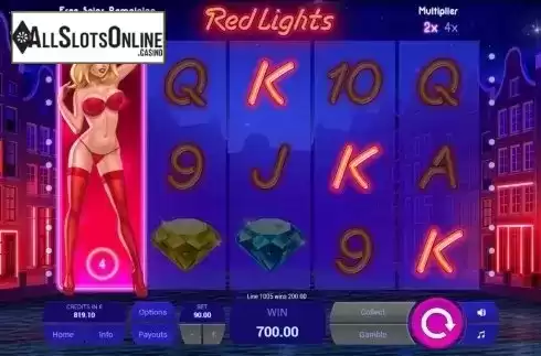 Free Spins screen. Red Lights from Tom Horn Gaming