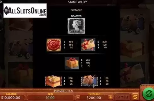 Paytable screen 1. Stamp Wild from Green Jade Games