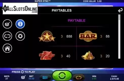 Paytable 1. Super Sync from Plank Gaming