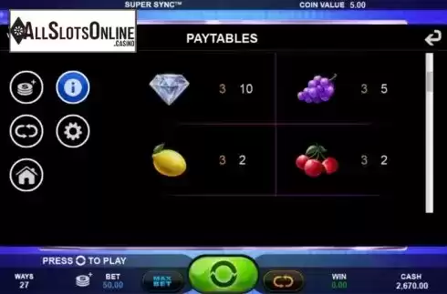 Paytable 2. Super Sync from Plank Gaming