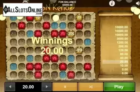 Win Screen. Tutan Keno from 1X2gaming