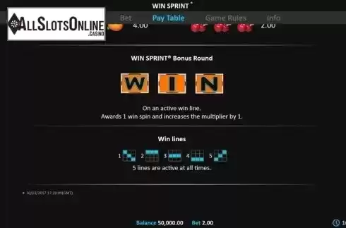 Paytable 2. Win Sprint from Realistic