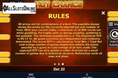 Paytable 2. Hot Chance from Greentube