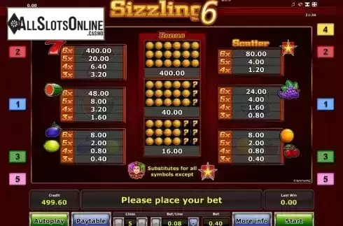 Paytable 1. Sizzling 6 from Greentube