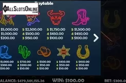 Paytable. Neon Cowboy from Mobilots
