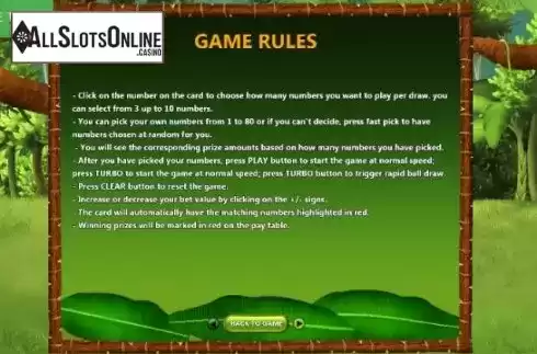 Game Rules Screen. Banana Keno from Caleta Gaming