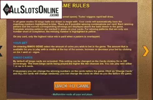 Rules Screen. Bingo Genie from Caleta Gaming