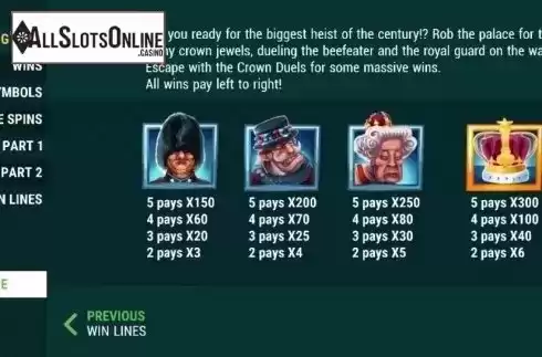Paytable. Crown Duels from Slot Factory