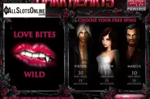 Intro Game screen. Dark Hearts from Rival Gaming