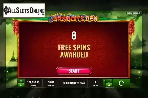Free spins screen. Dragon's Den from Playreels