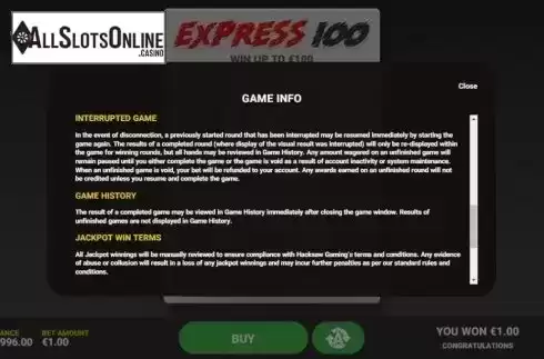 Info 3. Express 100 from Hacksaw Gaming
