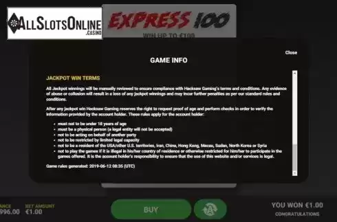 Info 4. Express 100 from Hacksaw Gaming