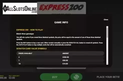 Info 1. Express 200 from Hacksaw Gaming