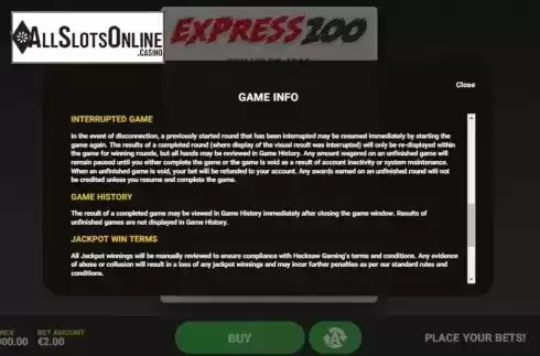Info 3. Express 200 from Hacksaw Gaming
