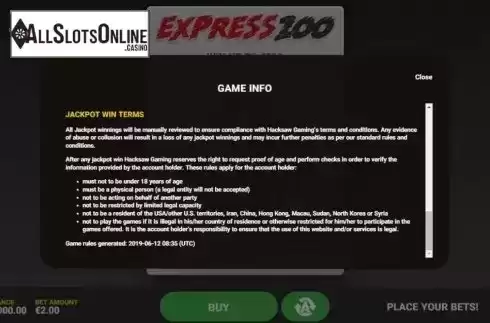 Info 4. Express 200 from Hacksaw Gaming