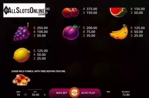 Paytable. Fruit Vegas from Mascot Gaming