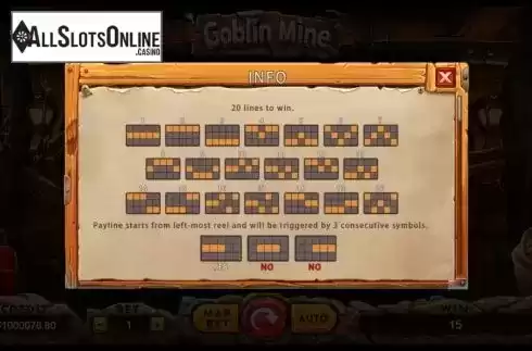 Paylines screen. Goblin Mine from TIDY