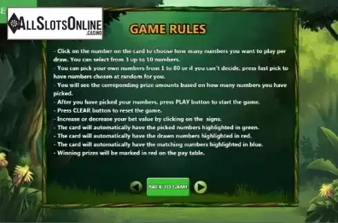 Game Rules Screen. Jungle Keno from Caleta Gaming