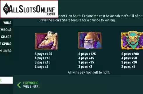 Paytable 1. Lion Spirit from Slot Factory
